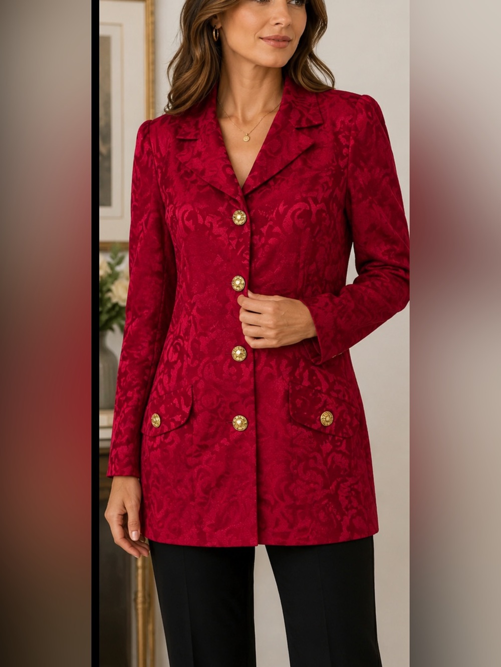 R&M Richards Red Damask Jacket Blazer Gold Buttons Vintage Women 12